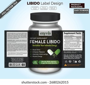 Diseño de la etiqueta del suplemento de la libido femenina para la dieta, empaquetado del Producto de la salud, impulso de la energía del bienestar, vitaminas herbales, Plantilla orgánica de la marca de la botella de la nutrición