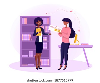 Female Librarian Giving Woman A Library Card. Concept Of Librarian Card Issuance. Idea Of Knowledge And Education. Flat Cartoon Vector Illustration