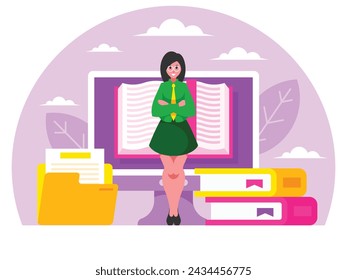 Female librarian. Woman stands with arms crossed on chest. Standing confident woman in a suit and tie. Digital Library concept. Online book application. E-Library. Digital bookstore. Web archive