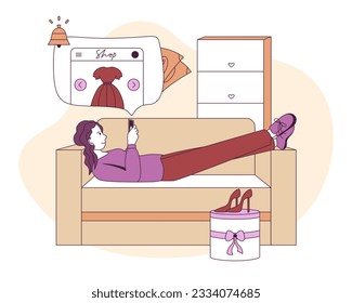 Female lies on sofa and ordering items of clothing through tablet and mobile app. Internet shopping concept. Selection, order and online delivery. Flat vector illustration in purple colors
