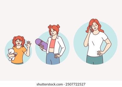 Female life cycle with little girl growing into teenager and adult human. Process of growing up and stages of growth in life cycle of mature lady talking on phone and arranging date