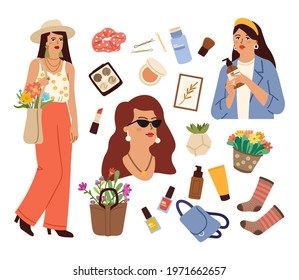 Female life set. Love yourself, girl with eco shopping bag and flowers. Cosmetic icons, floral bouquets, cozy accessories. Relax lifestyle vector girly collection
