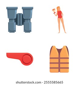 Female lifeguard icons set cartoon vector. Lifeguard woman doing her job. Water vacation safety