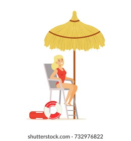 Female lifeguard in a red swimsuit watching situation on the beach, rescuer professional vector Illustration