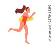 Female lifeguard running to save drowning people in water. Brave woman in red swimsuit holding yellow rescue torpedo buoy, emergency protection equipment for first aid cartoon vector illustration