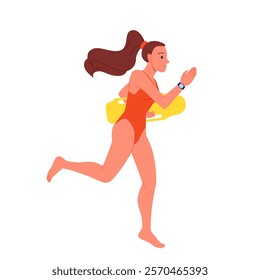 Female lifeguard running to save drowning people in water. Brave woman in red swimsuit holding yellow rescue torpedo buoy, emergency protection equipment for first aid cartoon vector illustration