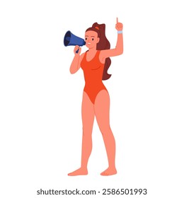 Female lifeguard standing with loudspeaker and hand up. Young smiling woman in red swimsuit warning swimmers of danger in megaphone, cautions against danger of drowning cartoon vector illustration