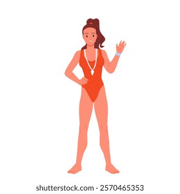 Female lifeguard standing to wave hand. Cute woman in red swimsuit with whistle greeting people on summer beach, professional swim coach or lifesaver of rescue team cartoon vector illustration