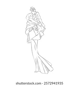 Female line art elegant figure, flat fashion sketch. Vintage fashion. Vector fashion mannequin design. 