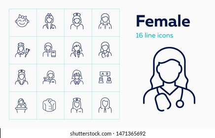 Female line icon set. Baby girl, cashier, woman, nurse. People concept. Can be used for topics like age, job, occupation