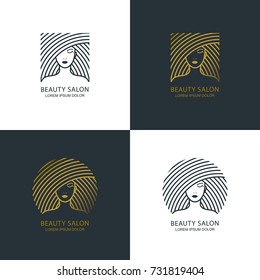 Female Line Style Illustration. Vector Logo, Emblem, Label Design Set. Concept For Beauty Salon, Makeup Cosmetic, Haircare, Cosmetology And Spa. Golden Outline Label With Womens Face.