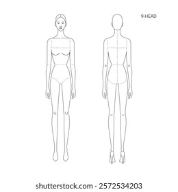 Female line technical drawing croquis for flat fashion sketches and cads. 9 head vector mannequin design. 