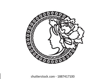 Female linear face with flowers. Linear round logotype for beauty salon
