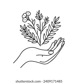 Female linear hand holding branch with leaves logo template vector illustration. Elegant emblem design in oval frame designed for cosmetics or botanical brand line art style.
