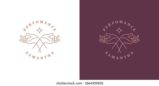Female linear hands holding magic star logo template vector illustration. Elegant woman hands emblem design for mystic logotype or esoteric brand line art style.