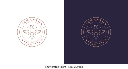 Female linear hands holding magic moon crescent logo template vector illustration. Elegant woman hands emblem design for mystic logotype or esoteric brand line art style.
