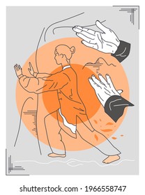 Female linear silhouette. Woman's hands. The woman is engaged in wushu, tai chi. Abstract Modern collage of geometric shapes and lines in a trendy modern style. Vector сof girls, t-shirt print, art