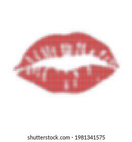Female lip print. Isolated vector, halftone image. Air kiss, red lipstick.