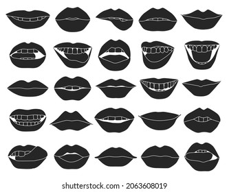 Icono de conjunto negro vectorial de labio femenino. Sonrisa de ilustración vectorial sobre fondo blanco. Icono de conjunto negro aislado labio hembra.