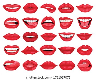 Icono de conjunto de dibujos animados de vector de labios femeninos. Sonrisa de ilustración vectorial sobre fondo blanco. Icono de conjunto de dibujos animados aislados labio femenino.