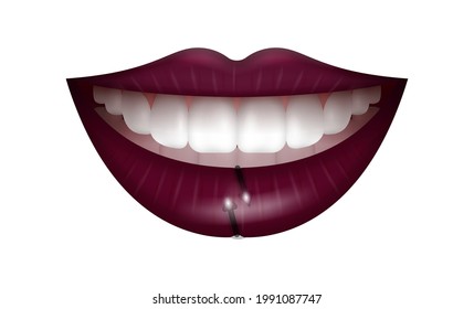 Female lips with black lipstick and piercings. Realistic purple lips isolated on white background.
