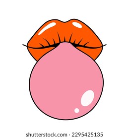 Female lips blowing pink bubble gum. Woman mouth with red lipstick chews chewing gum. Retro style. Flat vector illustration isolated on white background.