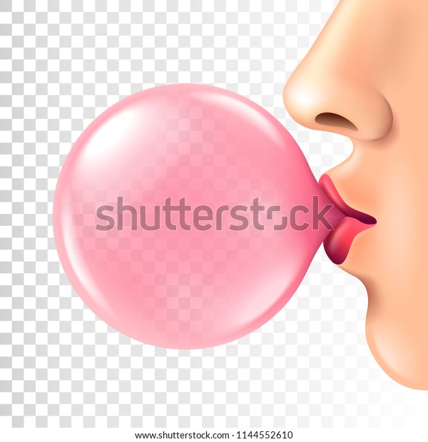 Female lips blowing pink bubble gum isolated\
vector photo-realistic\
illustration