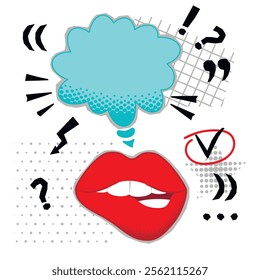 Female lips with empty speech bubble.Halftone texture and cut out effect elements.Lower lip bitten by teeth.Retro designs isolated on  white background.Social media communication.Vector illustration.