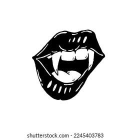 female lips with fangs vintage design. Dracula female black and white illustration