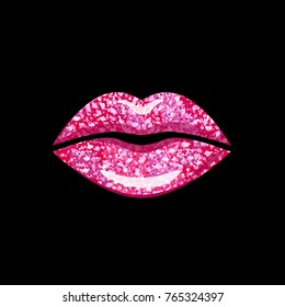 Female Lips. Girlish lips painted in shimmer Pink color. Logo for Beauty salon, Cosmetic brand, fashion Make up. Vector illustration isolated on black.