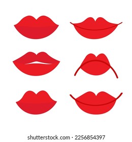 Juego de iconos de los labios femeninos. El maquillaje de los labios rojos. Colección de labios sexy. Juego De Boca De Chicas. diente de dientes blancos. Sonríe Beso. Estilo de belleza de moda. Diseño plano. Fondo blanco. Aislado. Vector