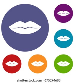 Female lips icons set in flat circle reb, blue and green color for web