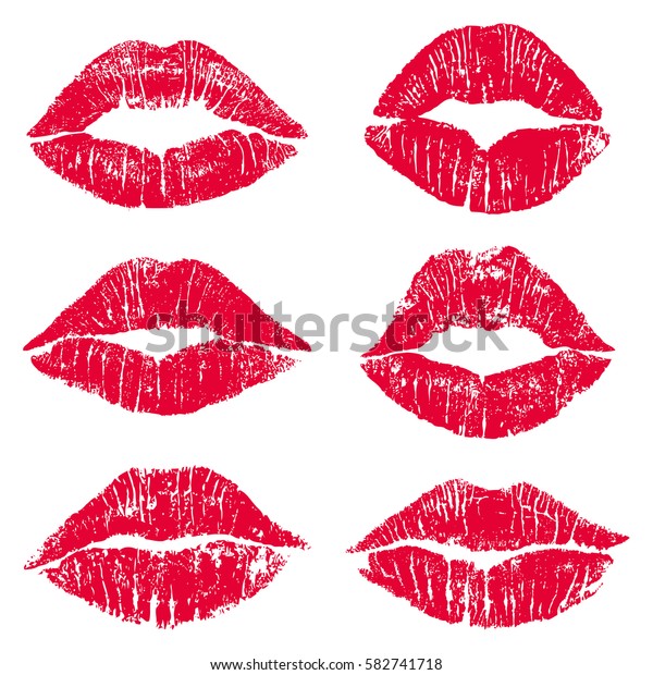 バレンタインデー用の女性の唇の口紅のキスプリントセットと白い背景にラブイラスト のベクター画像素材 ロイヤリティフリー