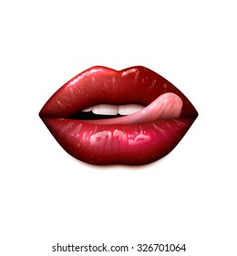 Female lips make up with teeth and tongue realistic isolated vector illustration 