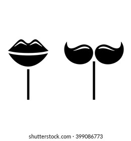 Female lips and mens mustache. Vector icon. Black and white illustration.