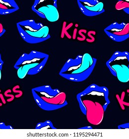 Female lips. Mouth with a kiss, smile, tongue, teeth and kiss me lettering on background. Vector comic seamless pattern in pop art retro style. Abstract seamless pattern for girls, boys, clothes.