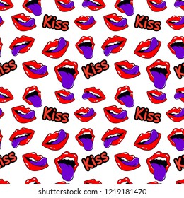 Female lips. Mouth with a kiss, smile, tongue, teeth and kiss me lettering on background. Vector comic seamless pattern in pop art retro style. Abstract seamless pattern for girls, boys, clothes.