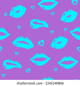 Female lips. Mouth with a kiss, smile, tongue, teeth and kiss me lettering on background. Vector comic seamless pattern in pop art retro style. Abstract seamless pattern for girls, boys, clothes.