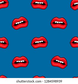 Female lips. Mouth with a kiss, smile, tongue, teeth and kiss me lettering on background. Vector comic seamless pattern in pop art retro style. Abstract seamless pattern for girls, boys, clothes.