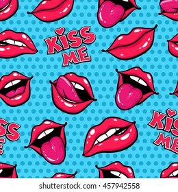 Female lips. Mouth with a kiss, smile, tongue, teeth and kiss me lettering on dots background. Vector comic seamless pattern in pop art retro style.