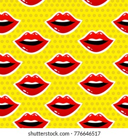 Female lips. Mouth with a kiss, smile, tongue, teeth and kiss me lettering on background. Vector comic seamless pattern in pop art retro style. Abstract seamless pattern for girls, boys, clothes.