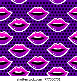 Female lips. Mouth with a kiss, smile, tongue, teeth and kiss me lettering on background. Vector comic seamless pattern in pop art retro style. Abstract seamless pattern for girls, boys, clothes.