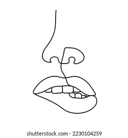 Female lips and nose in one line drawing style. Woman biting her lip. Mouth silhouette. Permanent or tattoo make up. Beauty studio logo. Linear vector Illustration in trendy minimalist style.