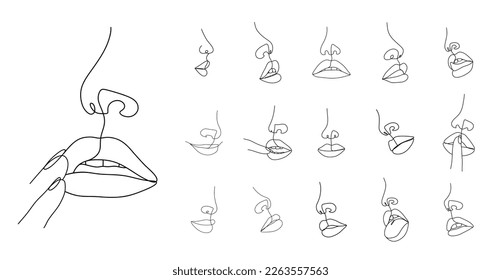 Female lips in one line drawing style. Set of mouths silhouettes. Permanent or tattoo make up. Beauty studio logo. Linear vector Illustrations in trendy minimalist style.