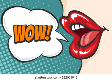 Female lips in pop art style with WOW bubble. Vector illustration