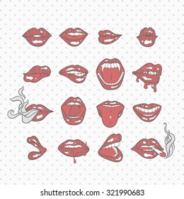 Female lips with red lipstick. Set in the style of pop art. Vector illustration.