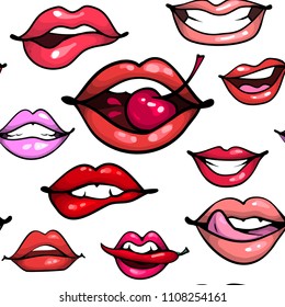 Los labios femeninos son un patrón transparente. Boca con pimienta de cereza mordiendo, sonrisa, lengua, dientes en blanco
