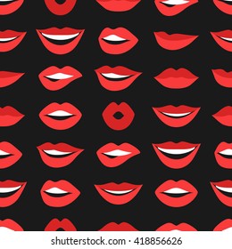 Female lips seamless pattern. Mouths with red lipstick in variety of expressions. Easy to use for backdrop, textile, wrapping paper.