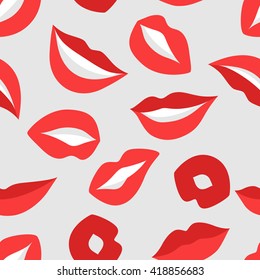 Female lips seamless pattern. Mouths with red lipstick in variety of expressions. Easy to use for backdrop, textile, wrapping paper.