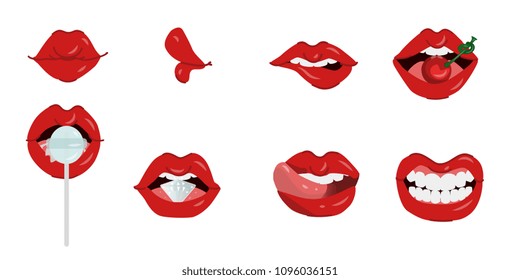 Female lips set of different gestures isolated on white background. Woman's mouth with kiss, cherry, tongue, lollipop and smile. Girl lips showing various emotions vector illustration.
